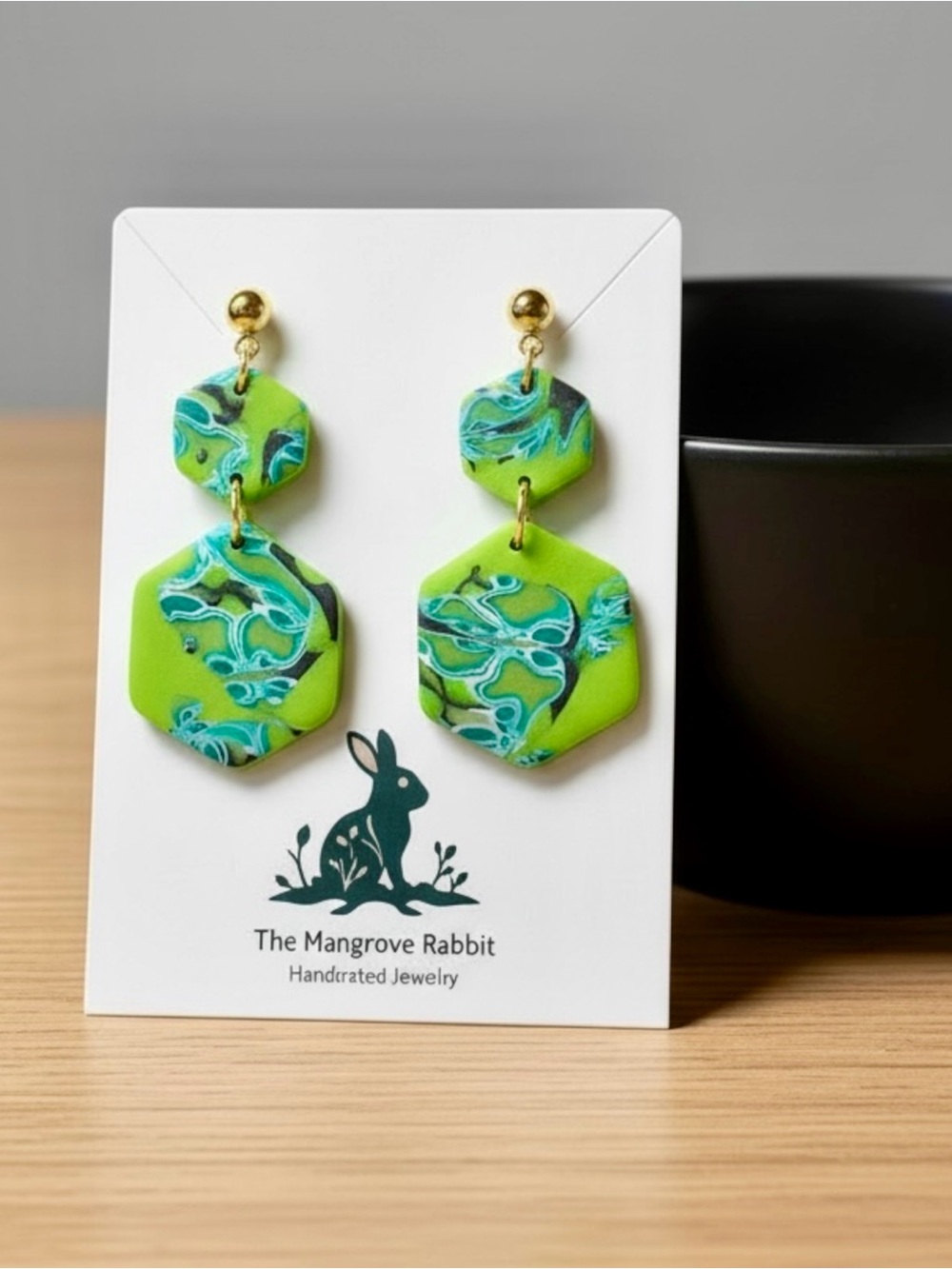 Handmade Bright Green & Blue Large Polymer Clay Dangle Earrings Stainless Posts
